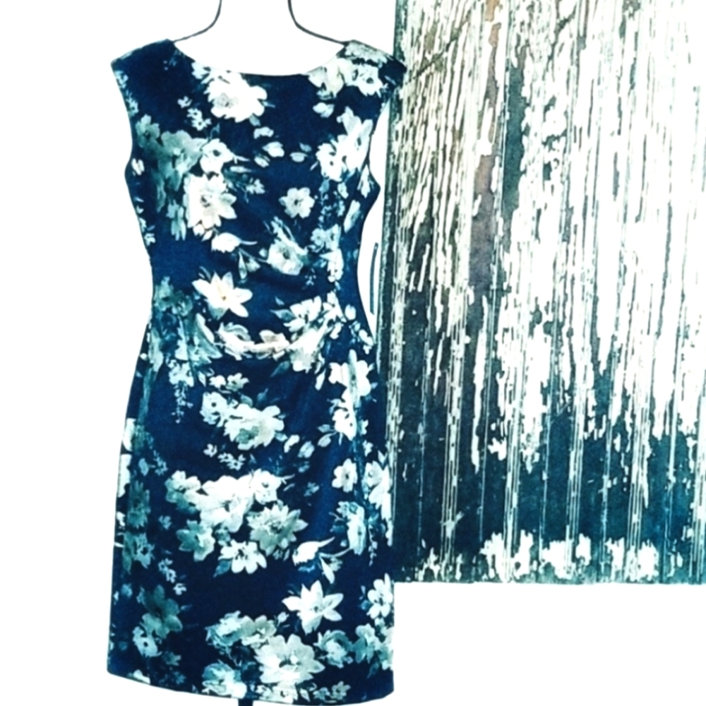 GLAMOUR Foil Floral Sleeveless Sheath Dress Navy Size 8P